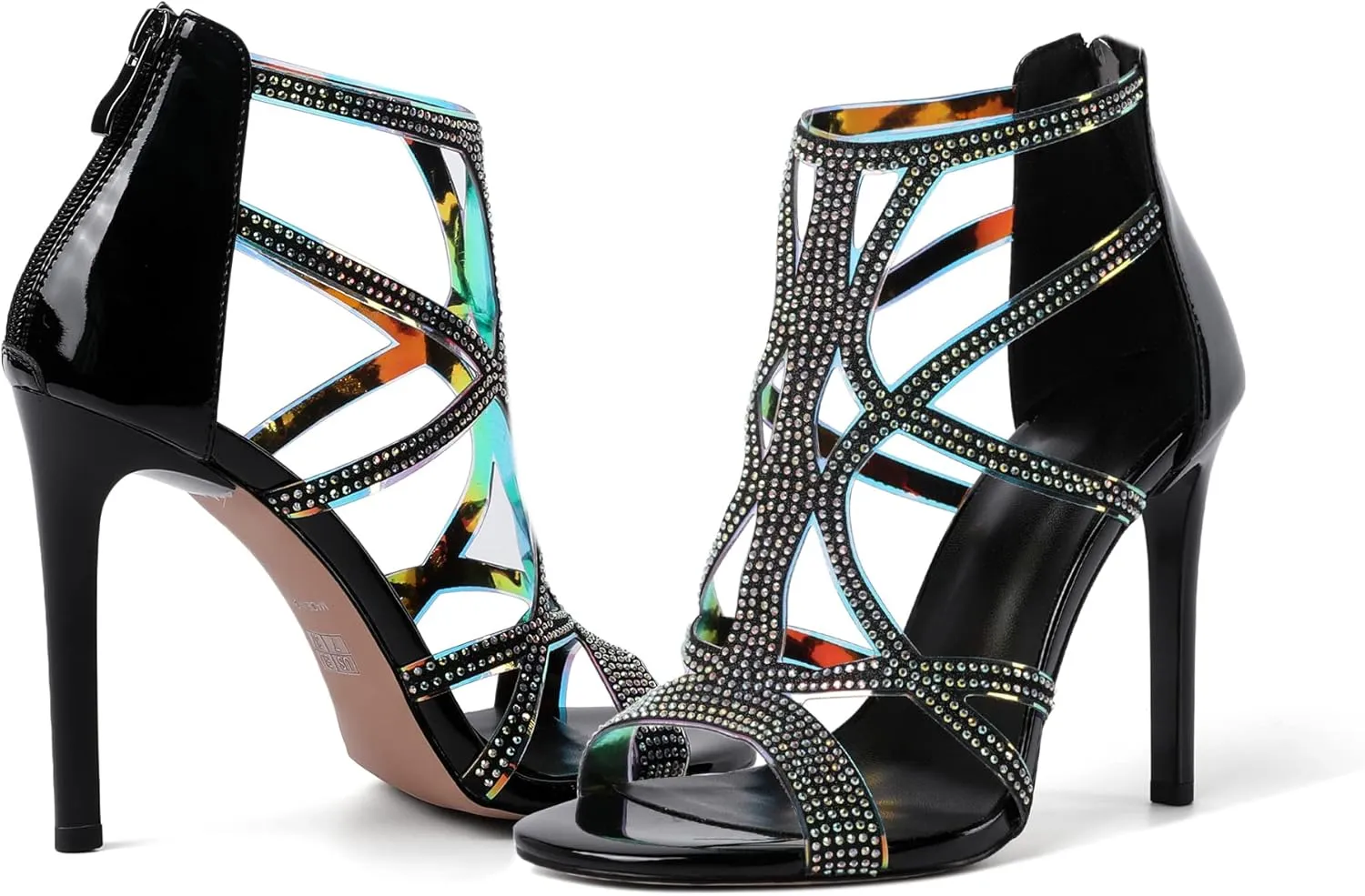 Zamikoo Women's High Heel Sandals, Open Toe Woman Sandals Rhinestone, Cutout Strappy Gladiator Heels, Sparkly Stiletto Heels Pumps Shoes for Dress Party Evening 4 Inch