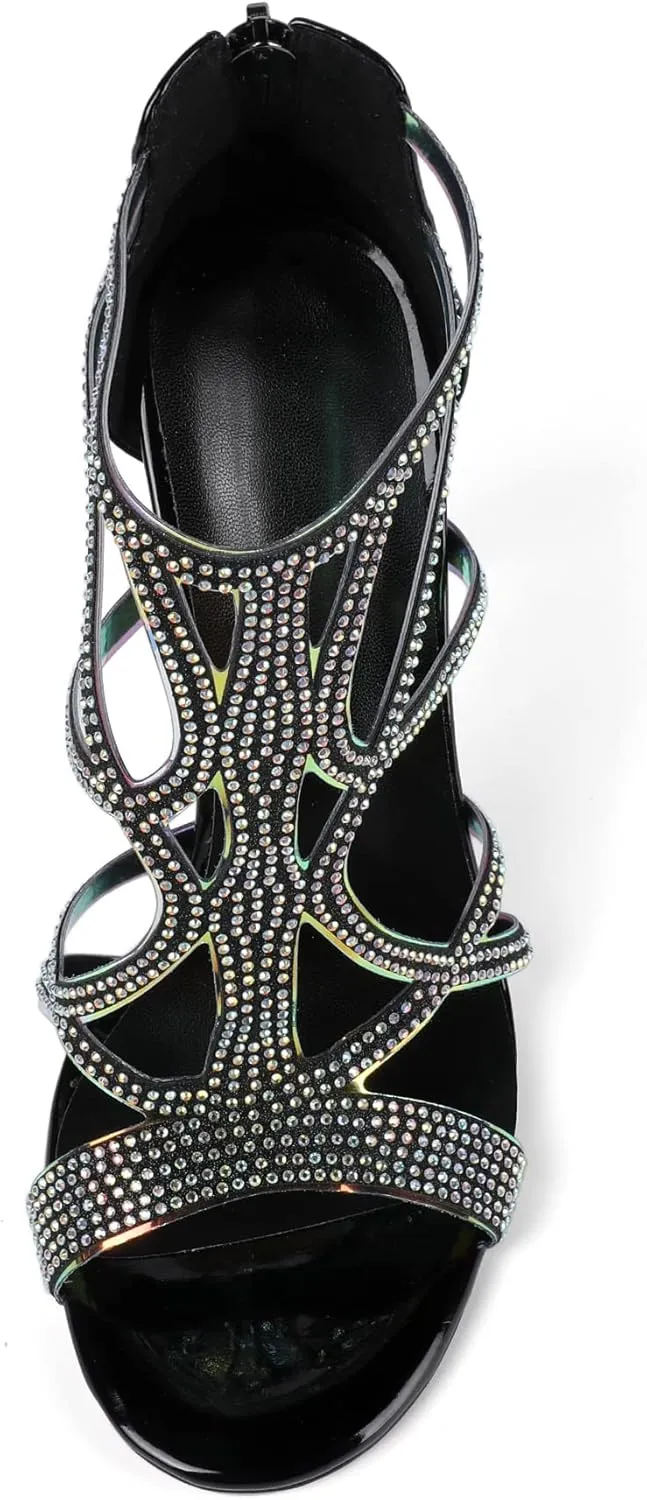 Zamikoo Women's High Heel Sandals, Open Toe Woman Sandals Rhinestone, Cutout Strappy Gladiator Heels, Sparkly Stiletto Heels Pumps Shoes for Dress Party Evening 4 Inch
