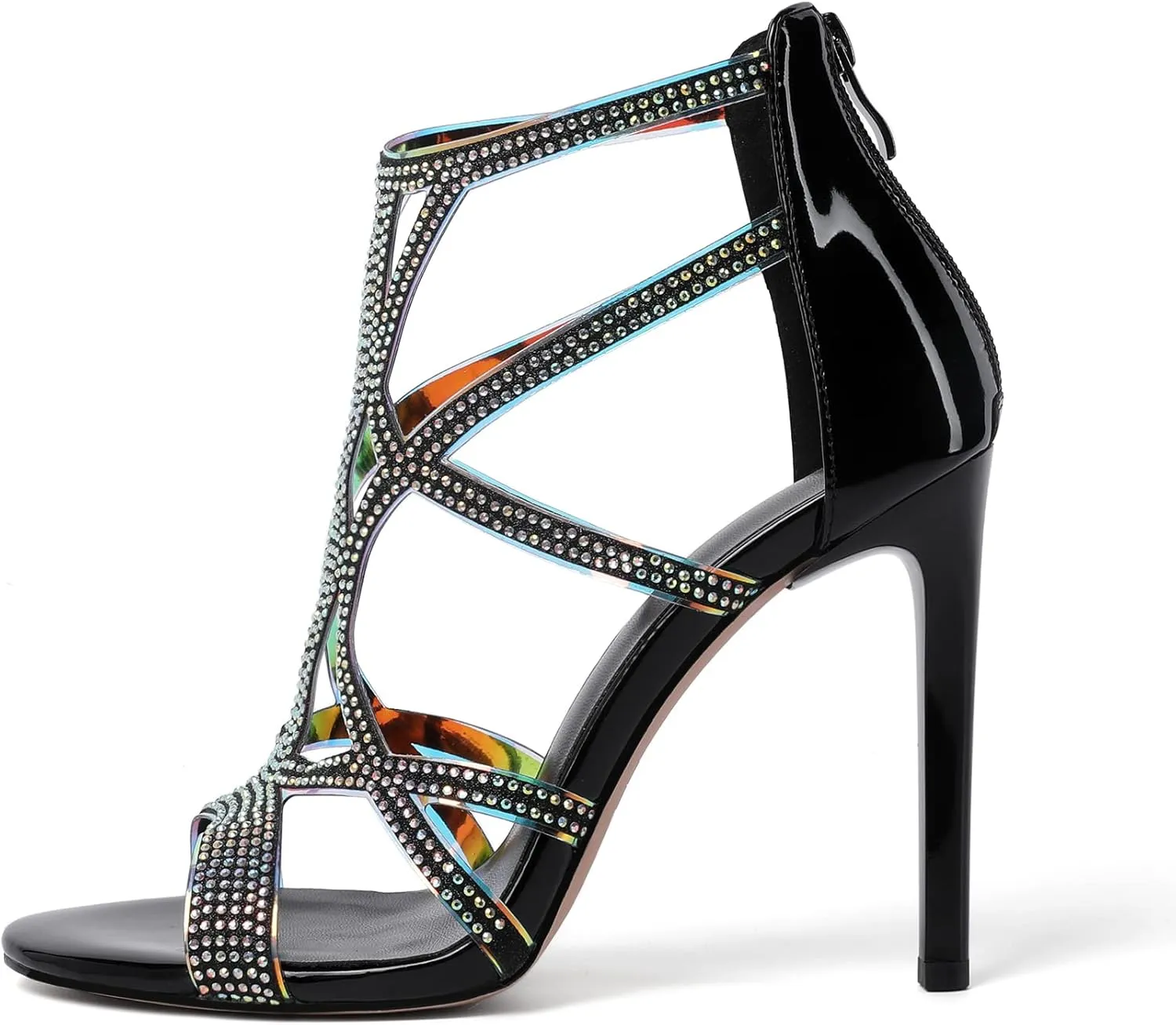 Zamikoo Women's High Heel Sandals, Open Toe Woman Sandals Rhinestone, Cutout Strappy Gladiator Heels, Sparkly Stiletto Heels Pumps Shoes for Dress Party Evening 4 Inch