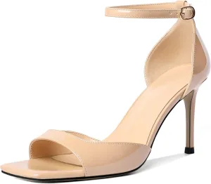Zamikoo Women's High Heels, Open Toe Ankle Strap High Heeled Sandals, Square Toe Stiletto Heel Dress Pumps Shoes Office Wedding Work Evening 3.5 Inch