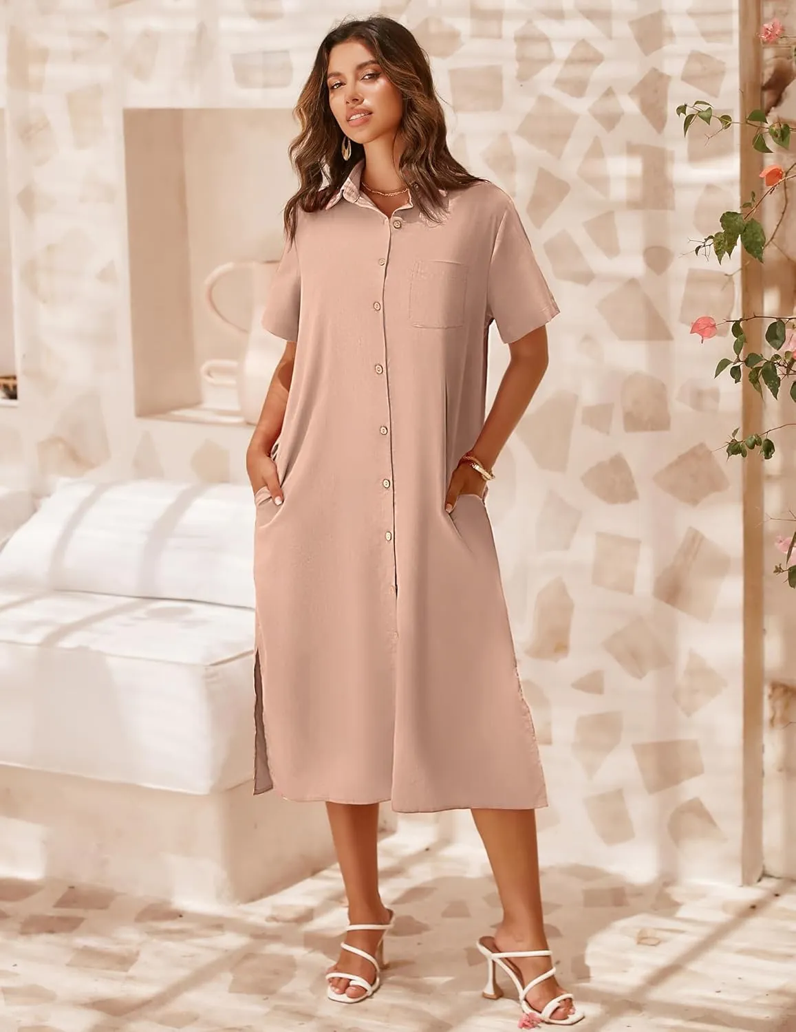 Zeagoo Womens Dress Summer Casual Short Sleeve Button Down Shirt Dress Beach Cover Up Dress with Pockets