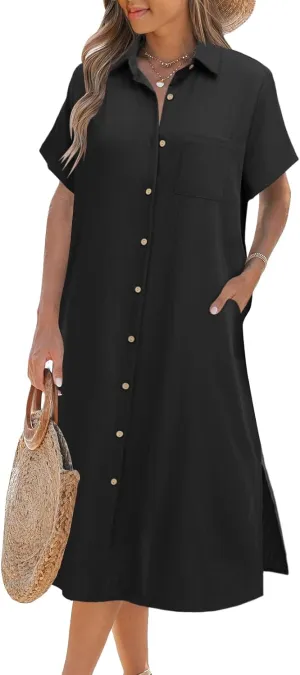 Zeagoo Womens Dress Summer Casual Short Sleeve Button Down Shirt Dresses Beach Cover Up with Pockets