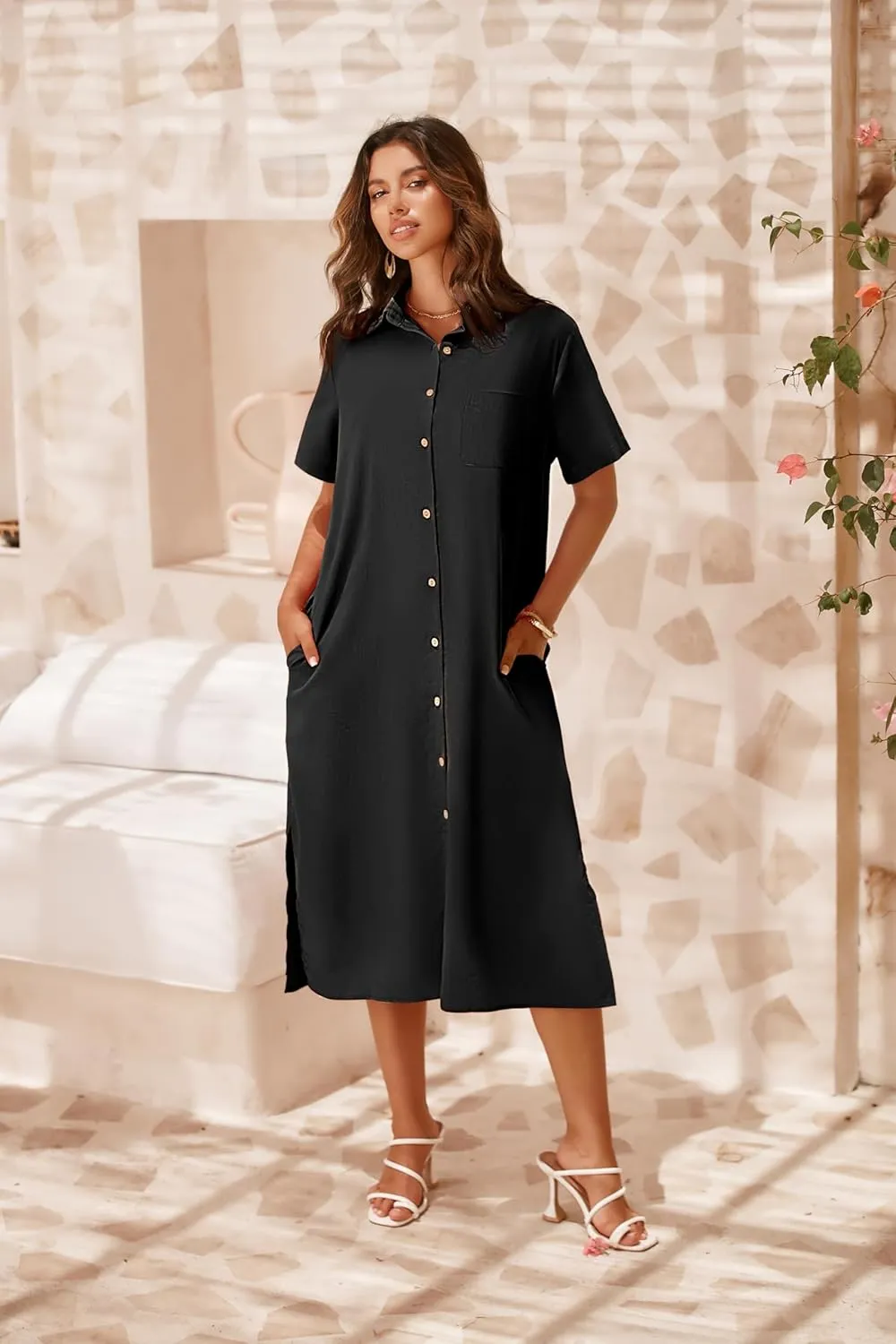 Zeagoo Womens Dress Summer Casual Short Sleeve Button Down Shirt Dresses Beach Cover Up with Pockets