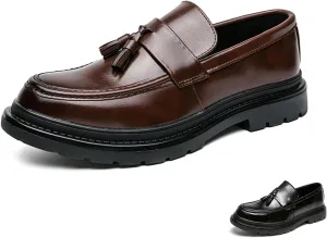 Zeberfi Men's Leather Slip On Tassel Platform Dress Loafers Fashion Round Toe Low Top Non-Slip Luxury Business Formal Shoes Casual Business Loafers Shoes