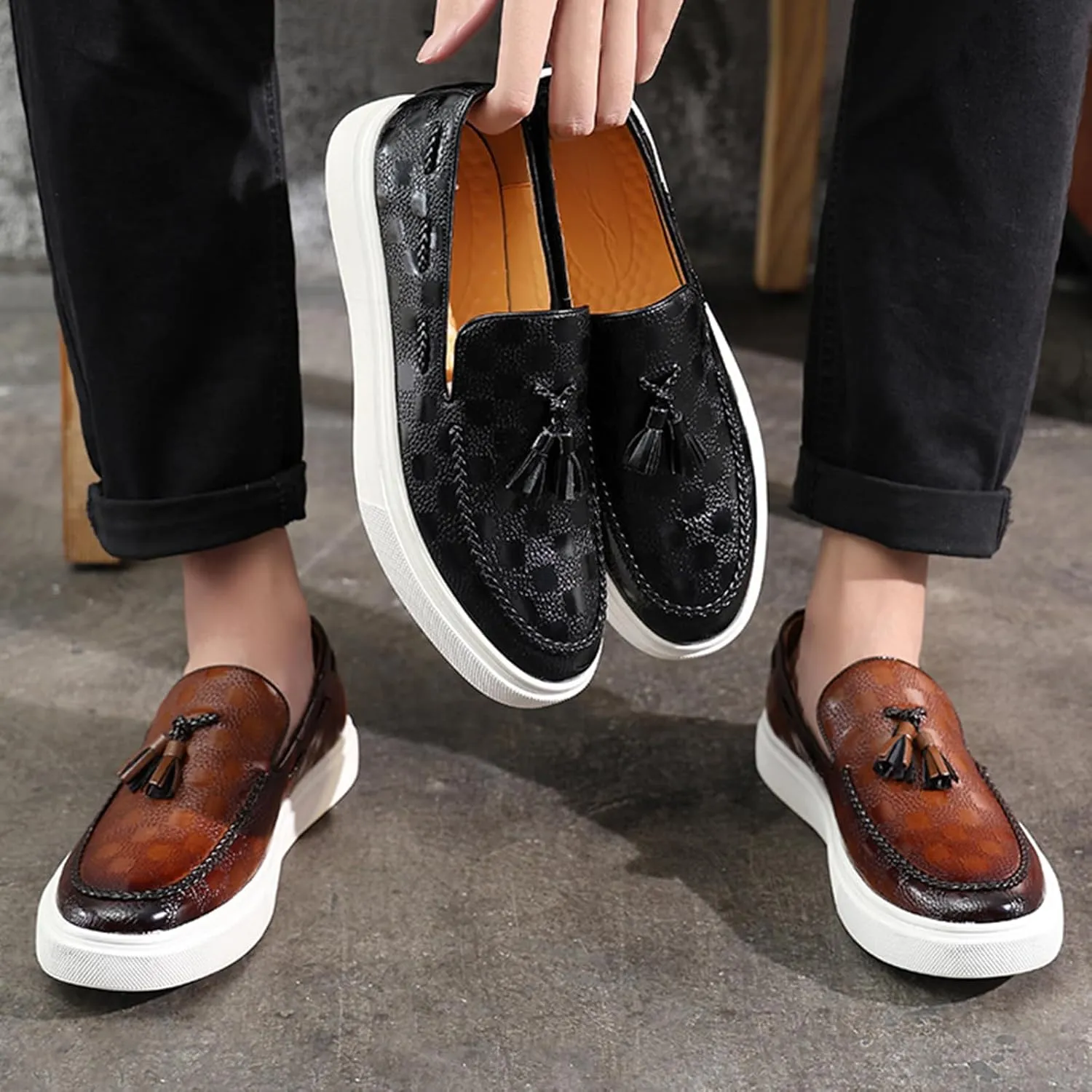 Zeberfi Men's Plaid Pattern Leather Slip On Tassel Loafers Fashion Round Toe Low Top Non-Slip Luxury Business Casual Shoes