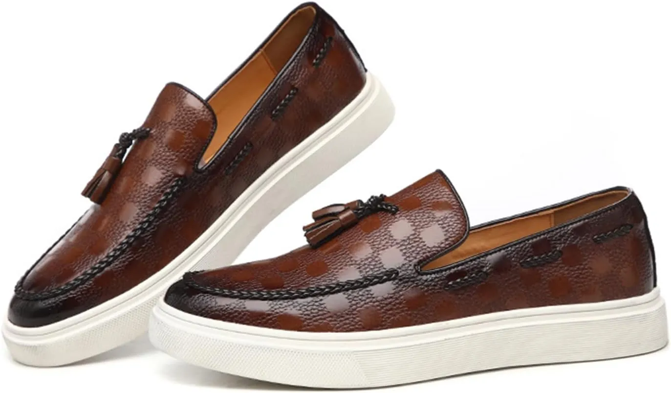Zeberfi Men's Plaid Pattern Leather Slip On Tassel Loafers Fashion Round Toe Low Top Non-Slip Luxury Business Casual Shoes