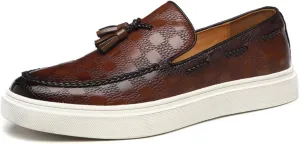 Zeberfi Men's Plaid Pattern Leather Slip On Tassel Loafers Fashion Round Toe Low Top Non-Slip Luxury Business Casual Shoes