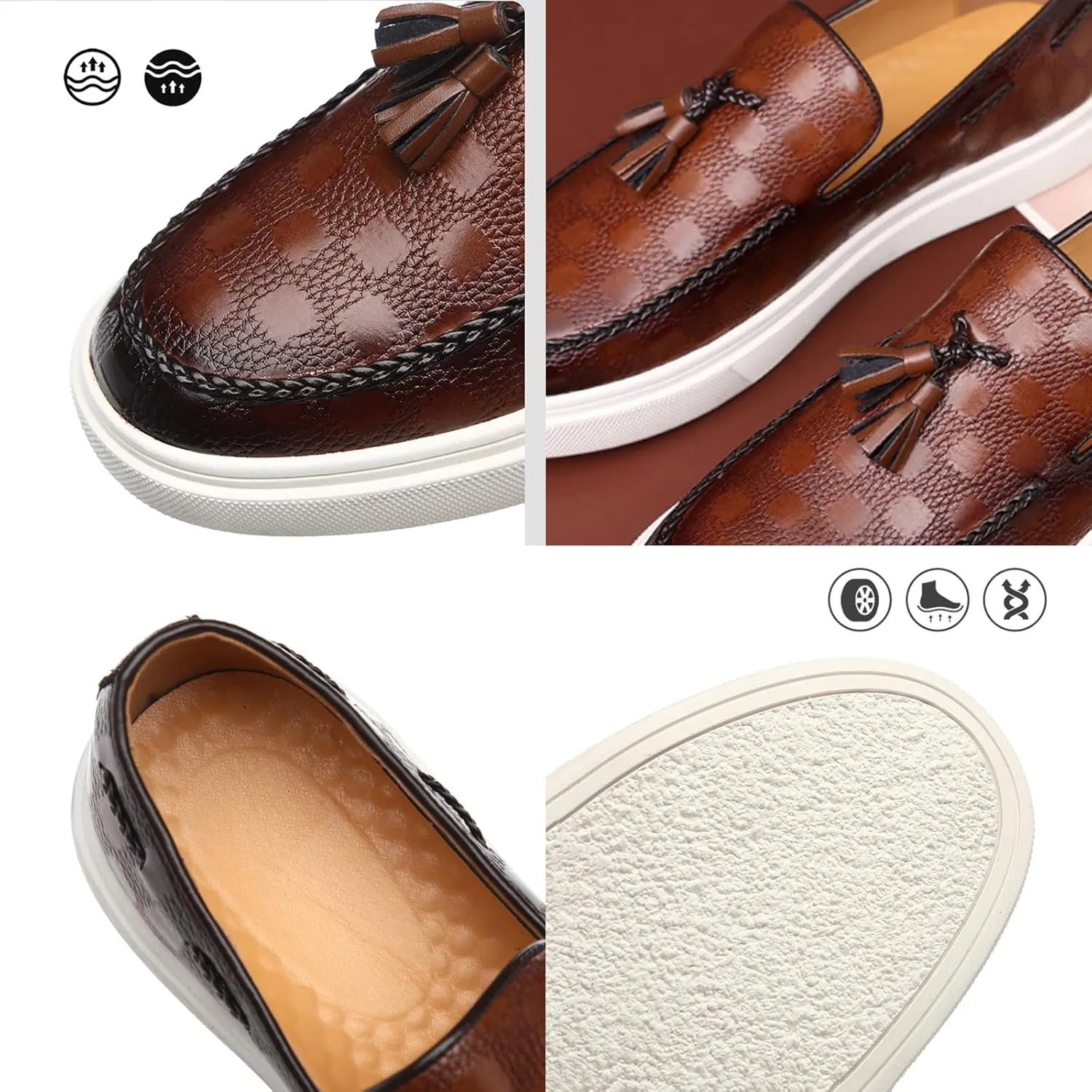 Zeberfi Men's Plaid Pattern Leather Slip On Tassel Loafers Fashion Round Toe Low Top Non-Slip Luxury Business Casual Shoes