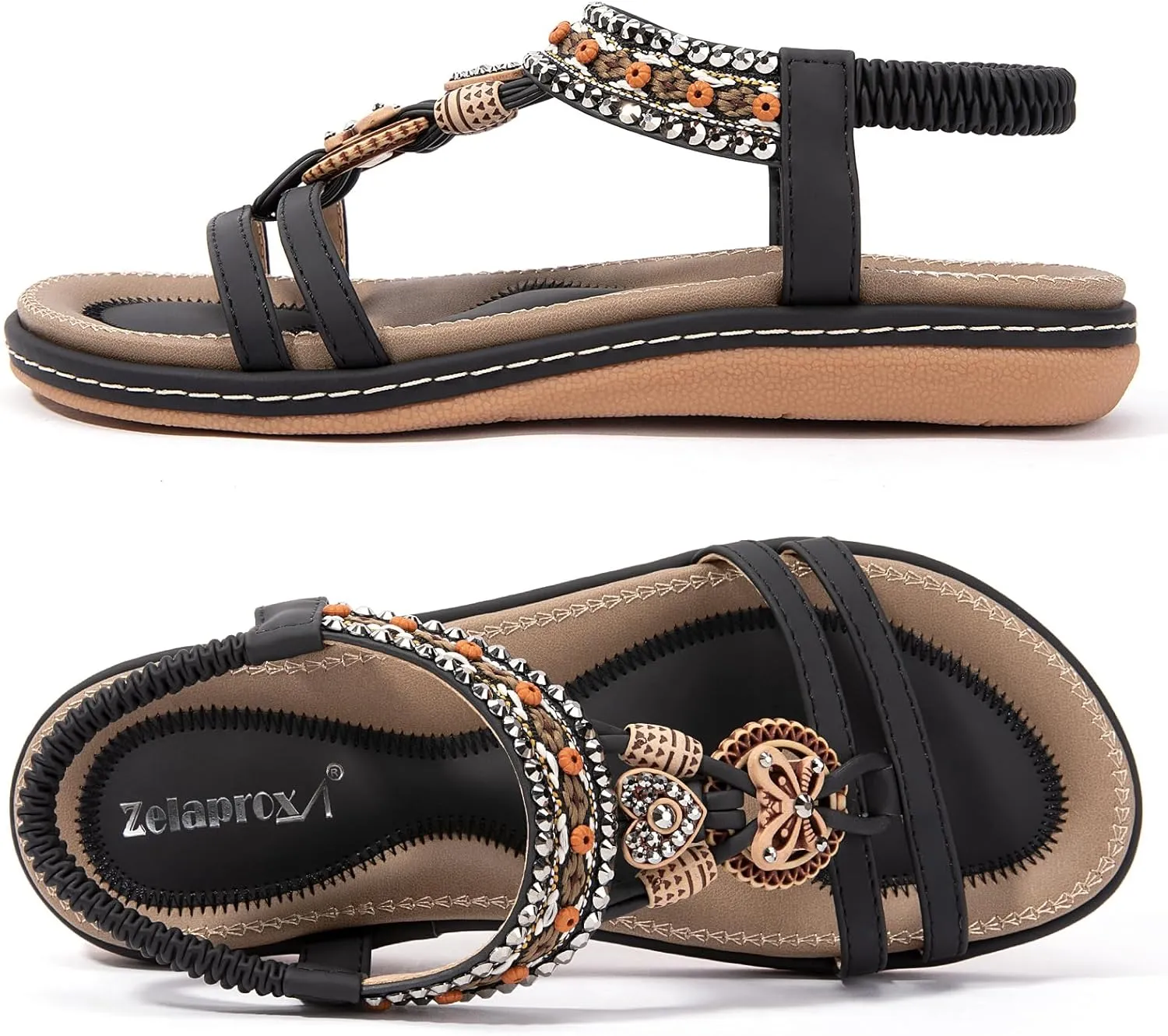 Zelaprox Women's Sandals Jeweled Crystal Summer Comfortable Slip-on Flat Sandals Open Toe Ankle Elastic Strap Beach Shoes Sandals Flops Dressy Sandals