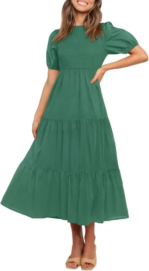 ZESICA Women's Casual Summer Crew Neck Short Puff Sleeve Smocked High Waist Ruffle Tiered A Line Midi Dress