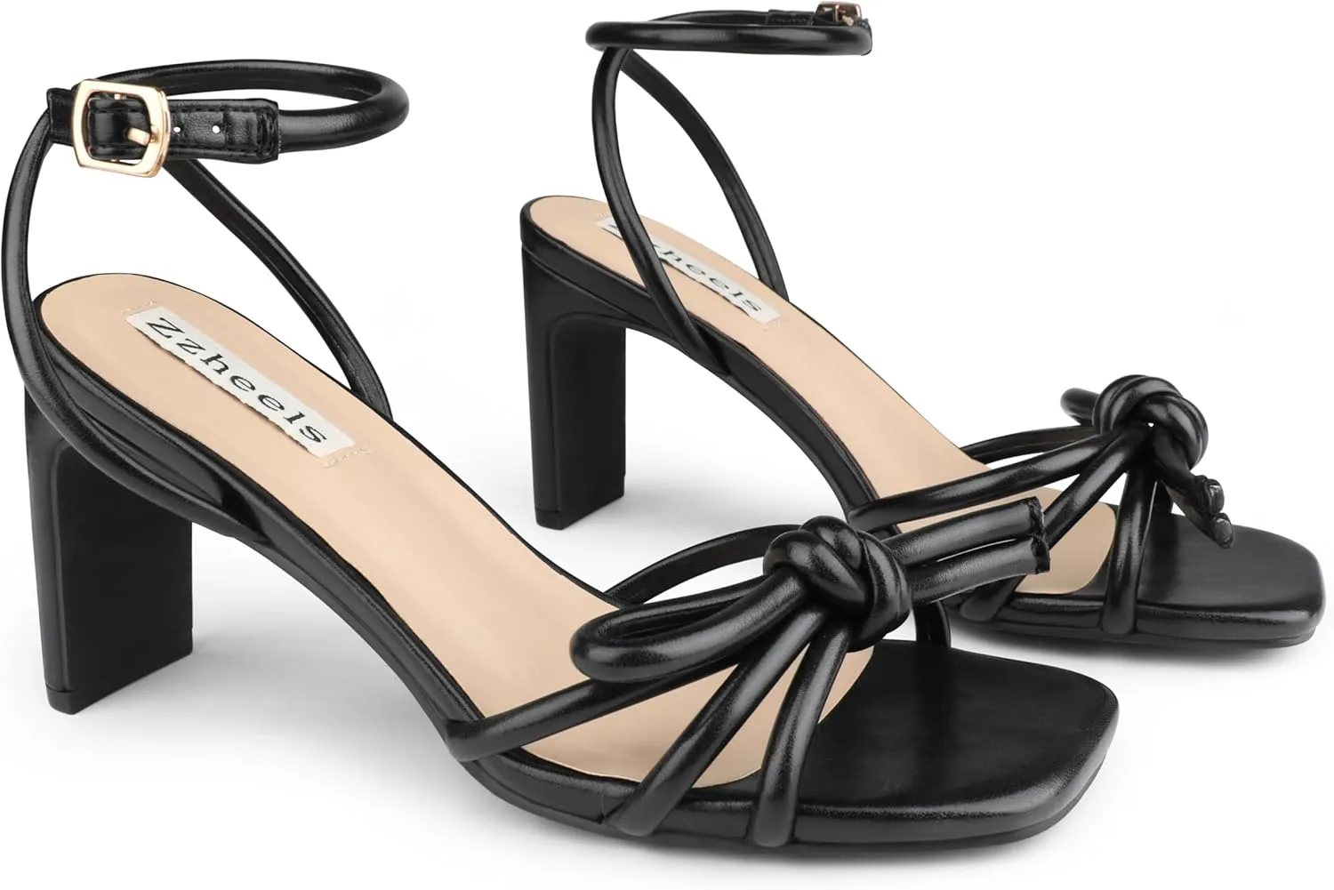 Zzheels Women's Square Toe Sandals Bowknot Chunky High Heels Strappy Bow Heels Dress Party Shoes