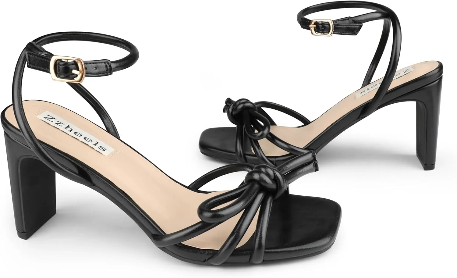 Zzheels Women's Square Toe Sandals Bowknot Chunky High Heels Strappy Bow Heels Dress Party Shoes